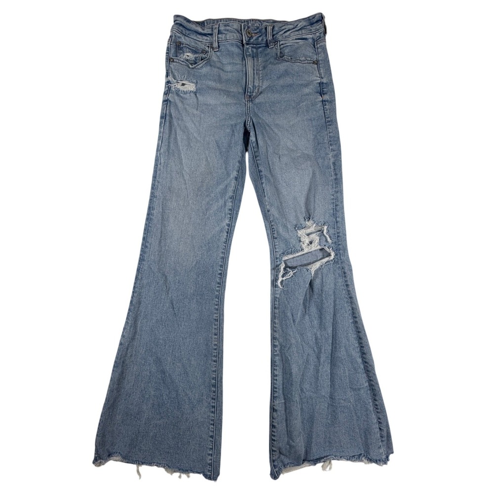 American Eagle Super High Rise Flare Jeans Light Wash Distressed Blue Size 10 31